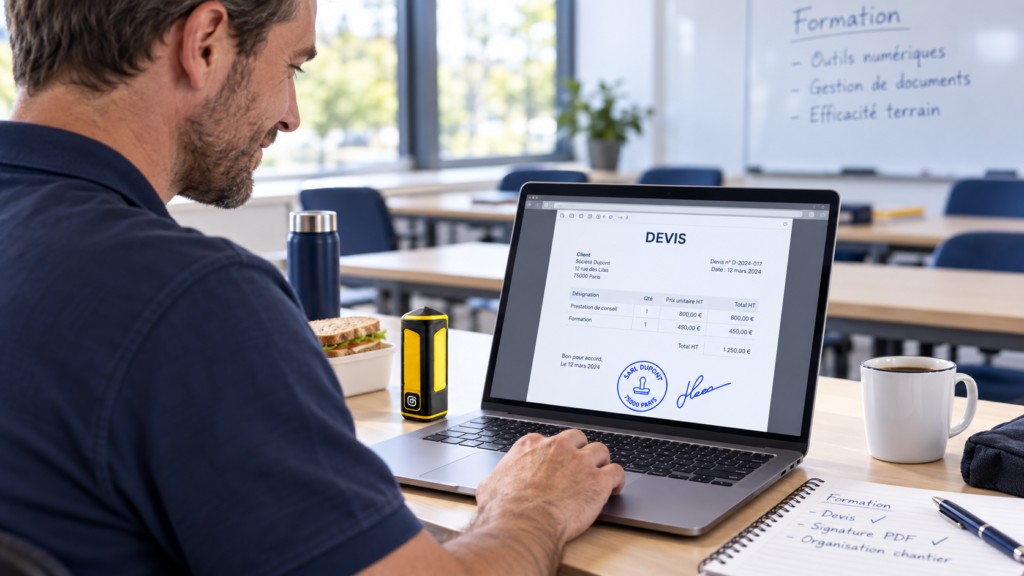 Artisan utilisant Keymo pour signer un devis PDF pendant une pause en formation.